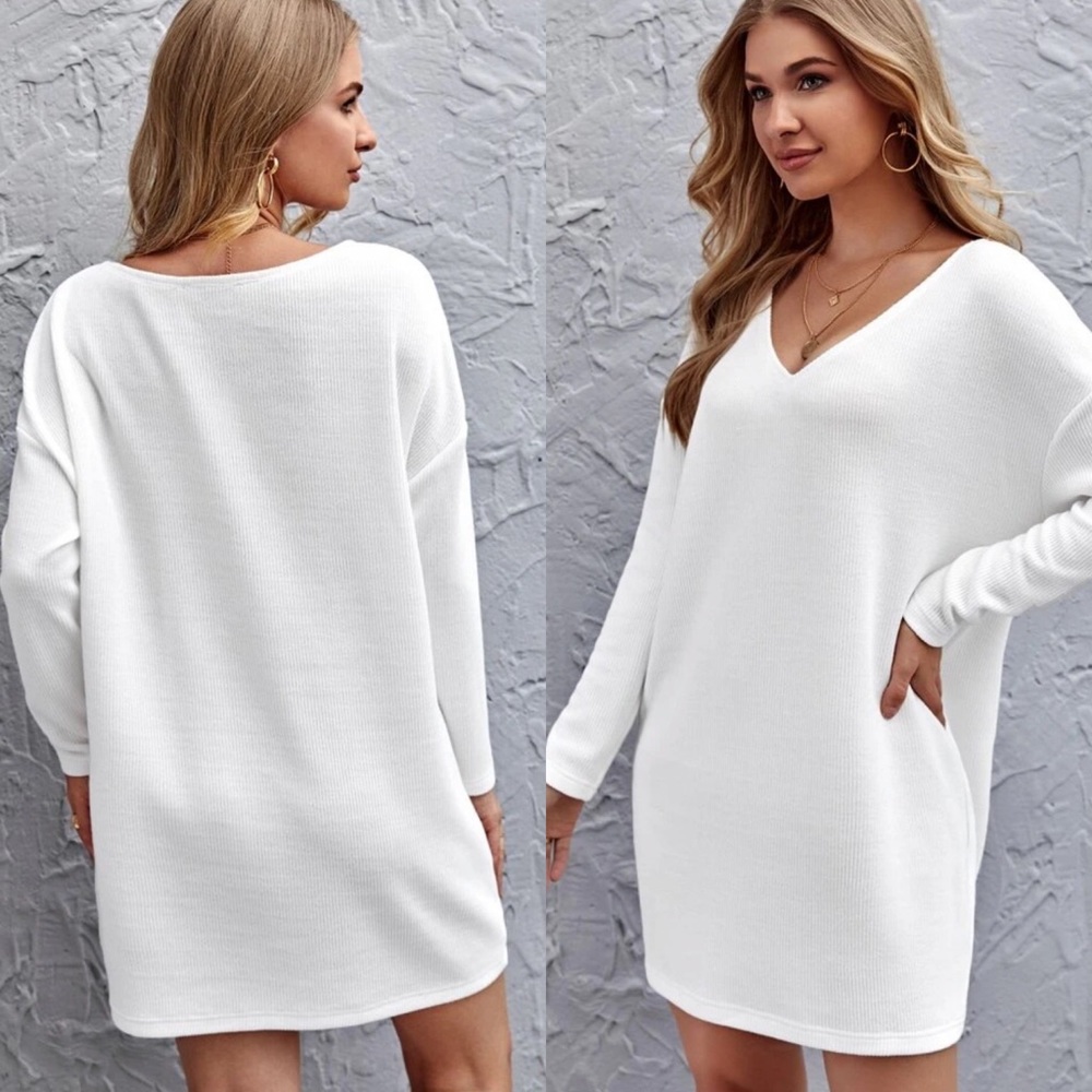 White knit sweater dress v neck long sleeve - Picture 3 of 3